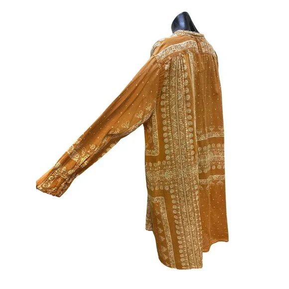 Magnolia Pearl Boho Style Mustard & Cream Floral Print Dress w/Button Front - Picture 7 of 11